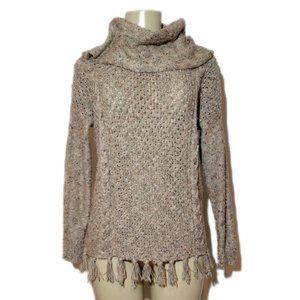 Bass 90's Brown Beige Chunky Cable Knit Fringe Cowl Neck Sweater